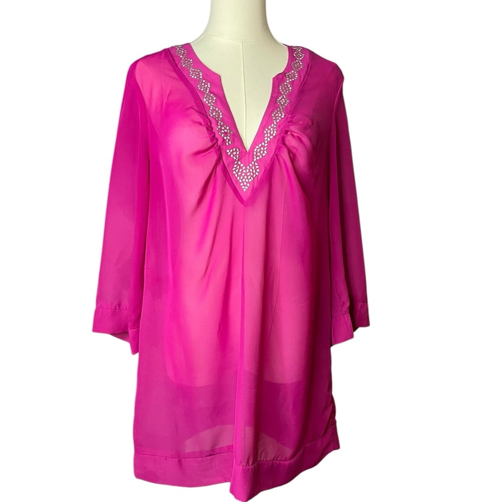 ~ CATALINA Women M 8/10Tunic Beaded Swimwear Cover-up Pink Deep V Neck Bell